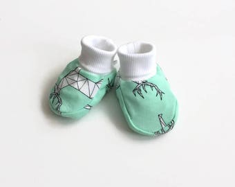 French terry baby booties with geometric stags. Sizes 0 - 18 months. Baby shoes. Slippers. Mint french terry cotton and white cuffs.