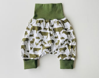 Farm animal baby pants. White cotton knit harem pants with green farm animals. Infant pants