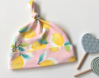 Pink hat with lemons. Baby knotted hat, knot hat, knotted hat, cotton baby hat, newborn hat