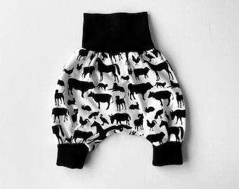 Farm animal baby pants. White cotton knit harem pants with black farm animals. Infant pants