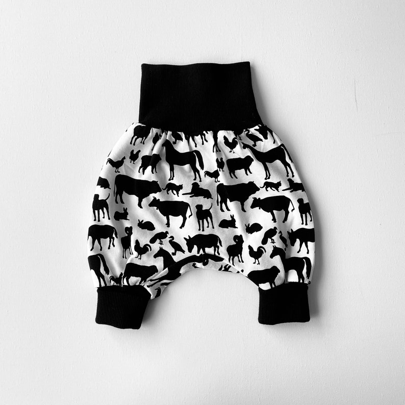 Farm animal baby pants. White cotton knit harem pants with black farm animals. Infant pants image 1