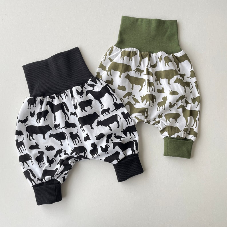 Farm animal baby pants. White cotton knit harem pants with black farm animals. Infant pants image 3