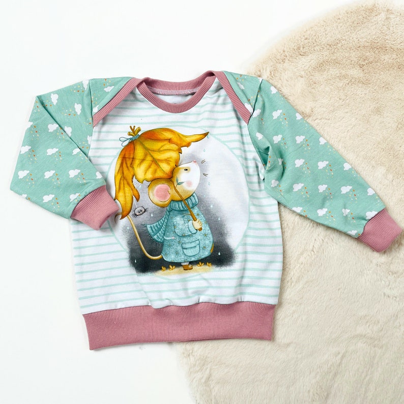 Baby lap neck shirt with mouse. Mint green and pink baby top zdjęcie 2