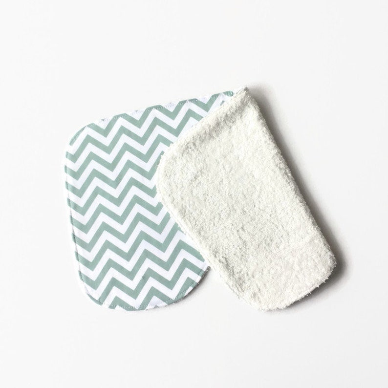 Baby burp cloth. Contoured burp rag. White cotton with green chevron. Gender neutral. image 3