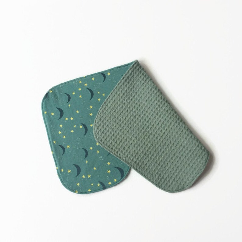 Green cotton with stars and moons Ready to ship Gender neutral Baby burp cloth Green waffle cotton Contoured burp rag