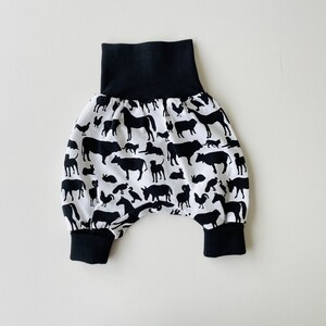 Farm animal baby pants. White cotton knit harem pants with black farm animals. Infant pants image 2