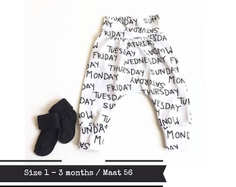 Baby harem pants with weekdays. Size 1 - 3 months