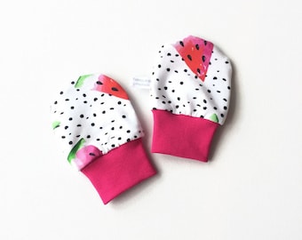White baby mittens with black dots and watermelon. Baby scratch mitts. Jersey cotton knit. Baby Gift. Baby shower gift