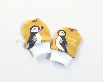 Organic baby scratch mitts. Mittens with cuffs. Shower gift. Yellow knit fabric with puffins. Gender neutral no scratch mitts