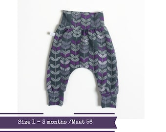 Last one: Baby harem pants with purple leaves. Size 1 - 3 months. Grey pants. Comfortable baby pants. Jersey knit fabric.