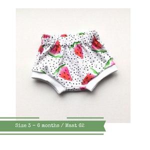 White baby or toddler shorts with watermelons and dots. Size 3 - 6 months. Girl&#39;s diaper cover, pants