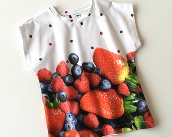 Kleinkinder-Shirt mit Obst. 4T. Säugling lässt T-Shirt. Baumwollspitze. Früchtchen Shirt