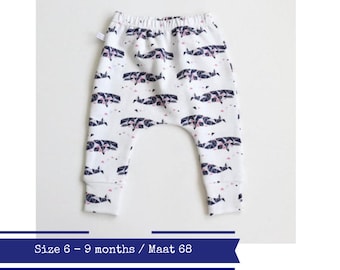 Last one: Baby infant harem pants with geometric whales. Size 6 months Ahoi Triangle Whale. Slim fit harem pants with cuffs
