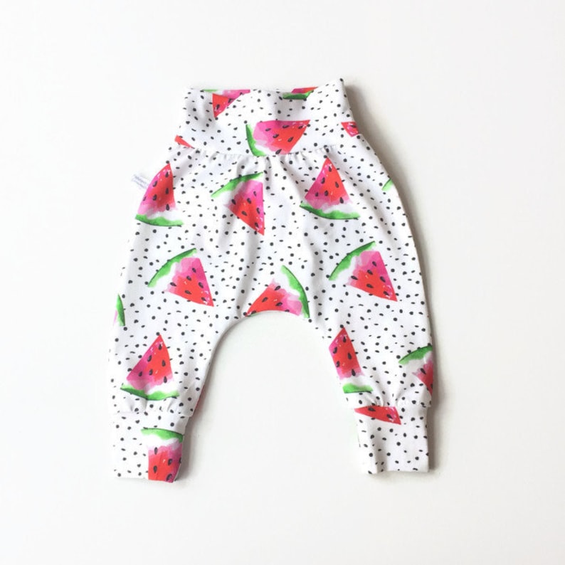 Cute baby or toddler pants. White harem pants with black dots and watermelon