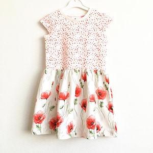 White dress with poppies. Summer dress. Girls dress with red flowers, cap sleeves