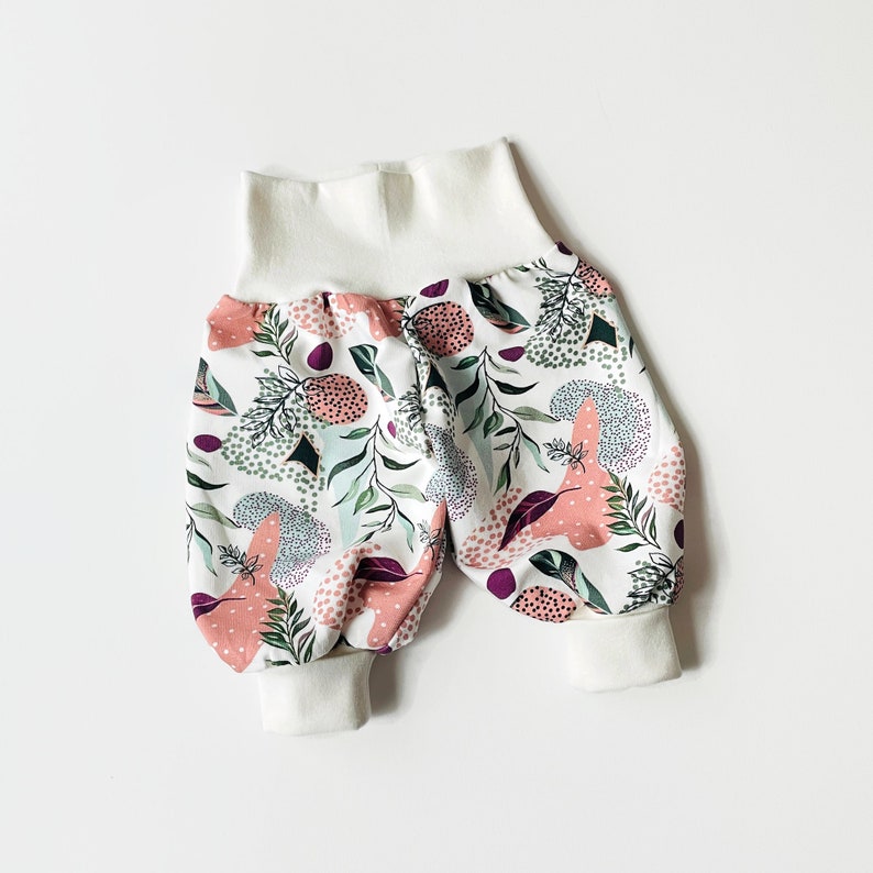 White baby pants with leaves and pink dots. Baggy harem pants image 1