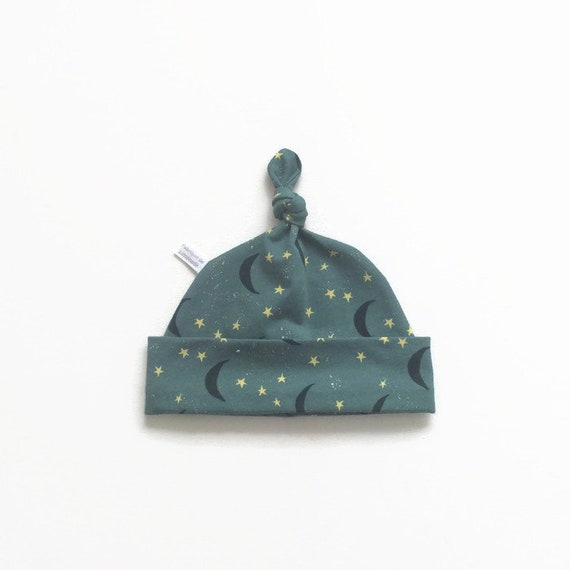 Cotton Baby Hat With Moon and Stars, Dark Green Baby Knotted Hat