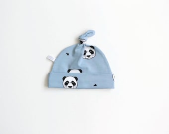 Light blue hat with pandas, baby knotted hat, knot hat, knotted hat, panda print, cotton baby hat, newborn hat with geometric pattern