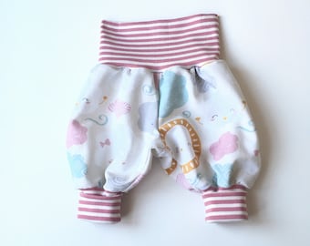 Grey bubble pants with clouds and sun.  Comfy pants. Baby pants with white and pink fold over waistband and cuffs