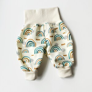 White baby pants with rainbows in green and brown. Baggy harem pants image 2