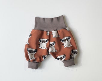 Pugs baby pants. Organic cotton knit harem pants. Brown jersey knit fabric with dogs. Infant pants