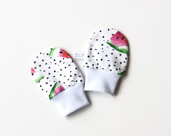 White no scratch mittens with black dots and watermelon. baby scratch mitts. Baby Gift. Baby Hand Covers. Baby shower