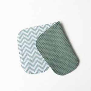 Baby burp cloth. Contoured burp rag. White cotton with green chevron. Gender neutral. image 2