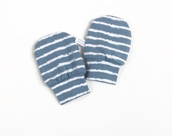 Blue baby mittens, baby scratch mitts. Jersey cotton knit with white stripes. Baby Gift Girl Hand Covers. Organic cotton
