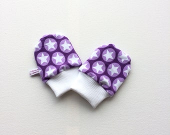 Purple baby mittens. Baby scratch mitts, purple knit fabric with white stars. Baby Gift Boy or Girl Gender neutral