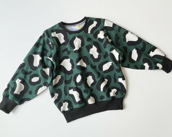 Green sweater with big leopard spots. Winter sweater. Kids sweater. Lounge sweater. Children's jumper.