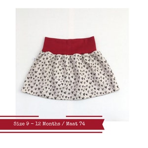 Beige baby skirt with hearts and red waist band. Size 9 - 12 months. Girl&#39;s skirt. Ready to ship
