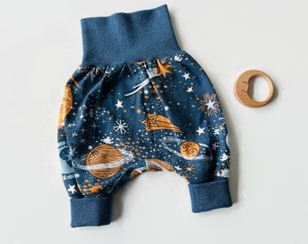 Dark blue harem pants with stars, planets and moons. Baby pants.