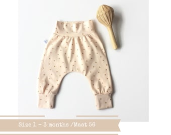 Last one: Peach baby harem pants with gold dots. Size 1 - 3 M. Infant pants. Comfortable baby pants. Jersey knit fabric.