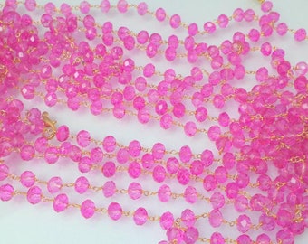 Fuchsia Beads, 14k Gold Plated Linked Chain, 5 foot 5-6 mm Fuchsia Linked Chain