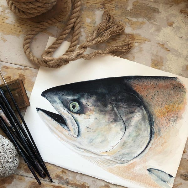 Original watercolor painting of a king salmon, portrait, nautical art, fishing art, sea life, color, animal art, home decor, outdoors, beach