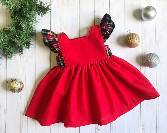 Bright Red Christmas Dress Plaid Ruffled Sleeves Baby and | Etsy