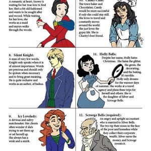 May include: A colorful illustration of 10 characters from a fictional story. Each character is depicted in a separate square with their name and a brief description of their personality and role in the story. The characters include Snowy White, Silent Knight, Icy Lovelady, Candy Cane, Holly Bells, and Scrooge Bells.