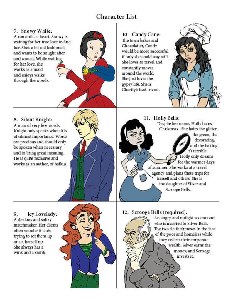 May include: A colorful illustration of 10 characters from a fictional story. Each character is depicted in a separate square with their name and a brief description of their personality and role in the story. The characters include Snowy White, Silent Knight, Icy Lovelady, Candy Cane, Holly Bells, and Scrooge Bells.