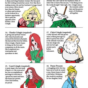 May include: A colorful illustration of a character list for a Christmas-themed story. The characters are depicted in cartoon style and include Silver Bells, Charity Cringle, Chris Cringle, Kristina Cringle, Carol Cringle, and Penny Present.