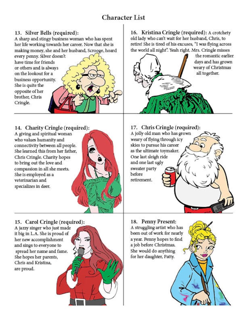 May include: A colorful illustration of a character list for a Christmas-themed story. The characters are depicted in cartoon style and include Silver Bells, Charity Cringle, Chris Cringle, Kristina Cringle, Carol Cringle, and Penny Present.