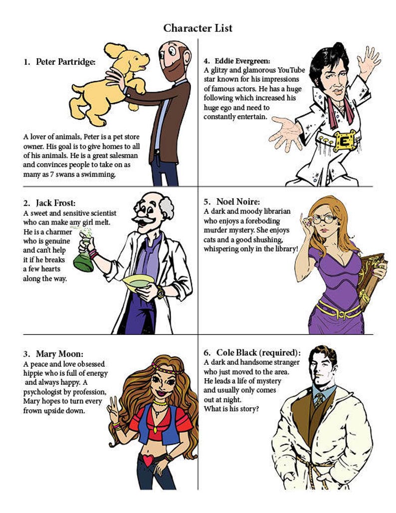 May include: A colorful illustration of six characters with descriptions of their personalities. The characters include a pet store owner, a scientist, a hippie, a YouTube star, a librarian, and a mysterious stranger. The illustration is in a comic book style.