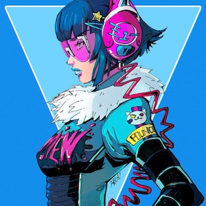 May include: Illustration of a futuristic character with blue hair, pink glasses, and headphones. The character wears a teal and black outfit with the word "MEN" in pink. A cat logo is on the shoulder. The background is blue.