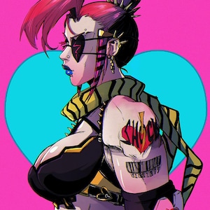 May include: Illustration of a character with pink and black hair, wearing sunglasses and a black and yellow outfit. The character has blue lipstick and a tattoo that says "SHOCK" with a barcode. A blue heart shape is in the background.