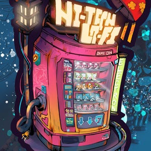 May include: A vibrant illustration of a vending machine with the text "HI-TECH L-FI". The machine is predominantly pink and orange, with a glass display showcasing products. A lantern and a red umbrella are also visible.
