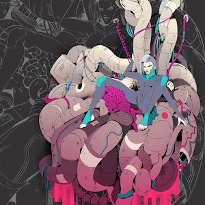 May include: A woman in a blue and purple jumpsuit sits on a large, pink, mechanical structure with a brain-like organ. The structure is surrounded by wires and tubes. The text "ワイマハート" is in the lower right corner of the image.
