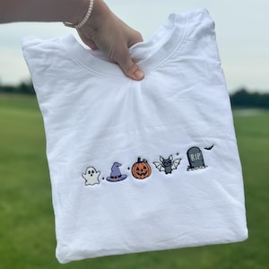 Spooky Icons Embroidered Halloween Crewneck Sweatshirt Cute Halloween Sweatshirt Spooky Sweatshirt Gildan Comfort Colors Independent Trading