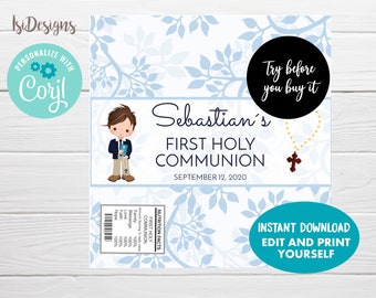 Holy Communion Candy Wrap, Instant Download, Blue Chocolate Bar Labels, Editable Communion Candy Favor Tags, Recuerdos Primera Comunion