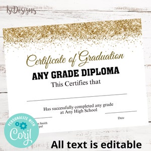 Graduation Certificate, Instant Download, Gold High School Editable Diploma, College Graduation Diploma, Achievement Certificate Template