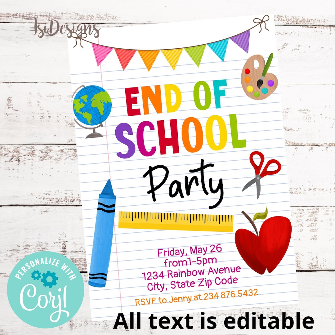 Editable End of School Party, Schools Out Printable Invitation, Instant ...