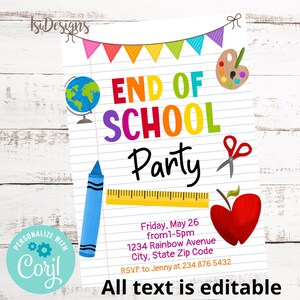 Editable End of School Party, Schools Out Printable Invitation, Instant Download Summer Invite, Last Day of School Party